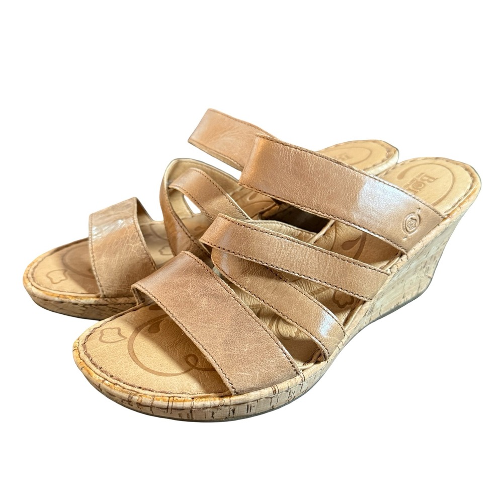 Born Tan Leather Zemora Multi Strap Cork Wedge Sandals Womens 9M Beige Coastal